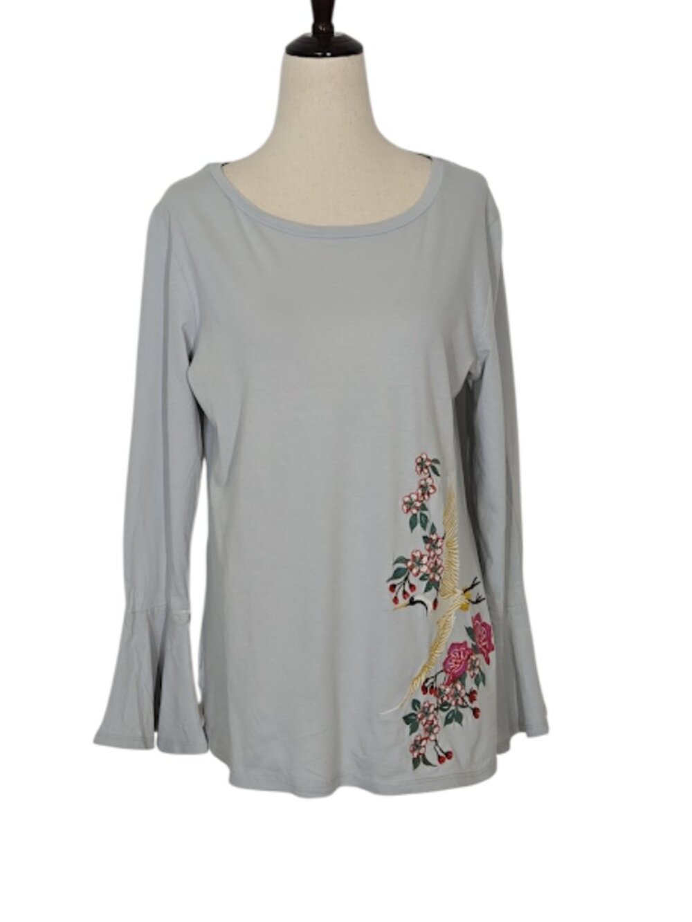 LOFT Women’s Gray Bird Floral Embroidered Bell Sleeve Cotton Top Size M GUC